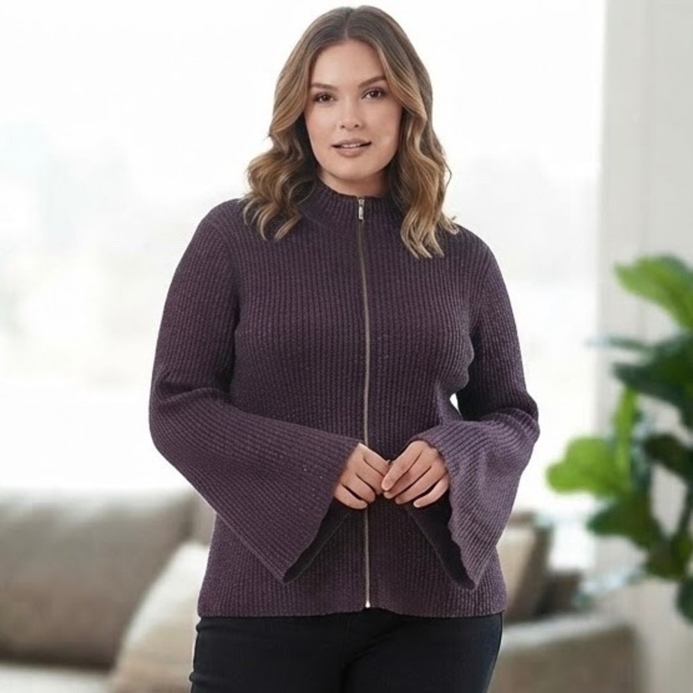Livi Lane Bryant Womens 22/24 Plum Purple Metallic Zip Up Bell Sleeve Cardigan